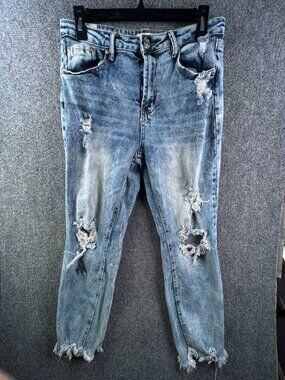 Almost Famous Womens Distressed Denim Blue Jeans Sz 11 Light Wash Ripped Stretch